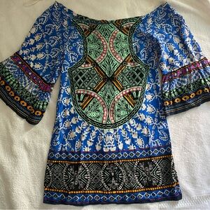 Flying Tomato Blue and Green Geometric Off Shoulder Dress